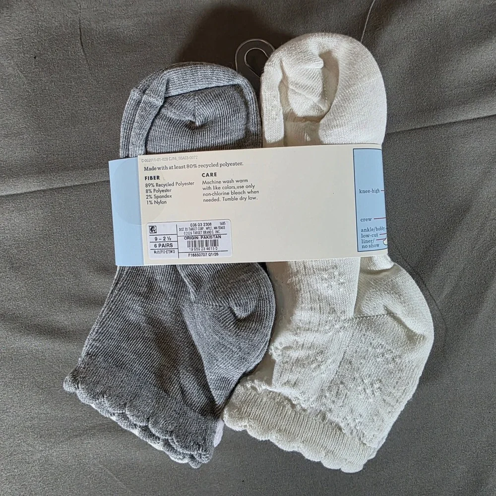 Cat & Jack Girls 6 Pair‎ Ankle Socks M 9-2.5 Pastel Ruffle Edge Pointelle Knit